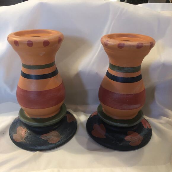 Rustic Primitive Southwestern Terra Cotta Candle Holders Hand Painted - Picture 5 of 7